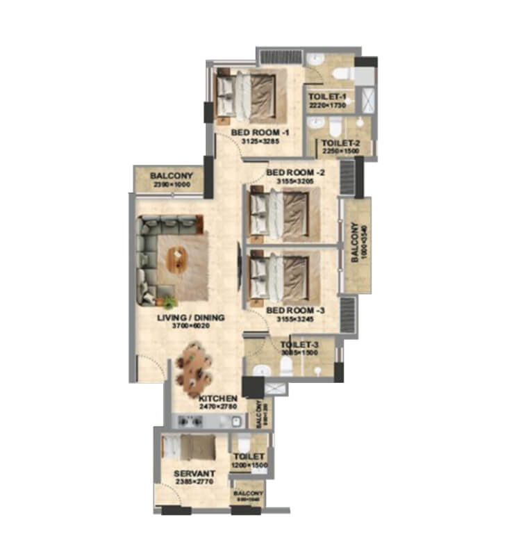 3 BHK + W Apartment