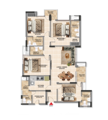 4 BHK + W Apartment