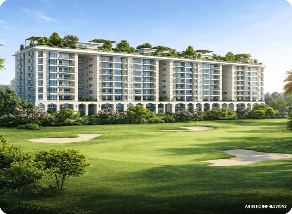 Aerial view of Pebble Court with the <br>golf course at sunset